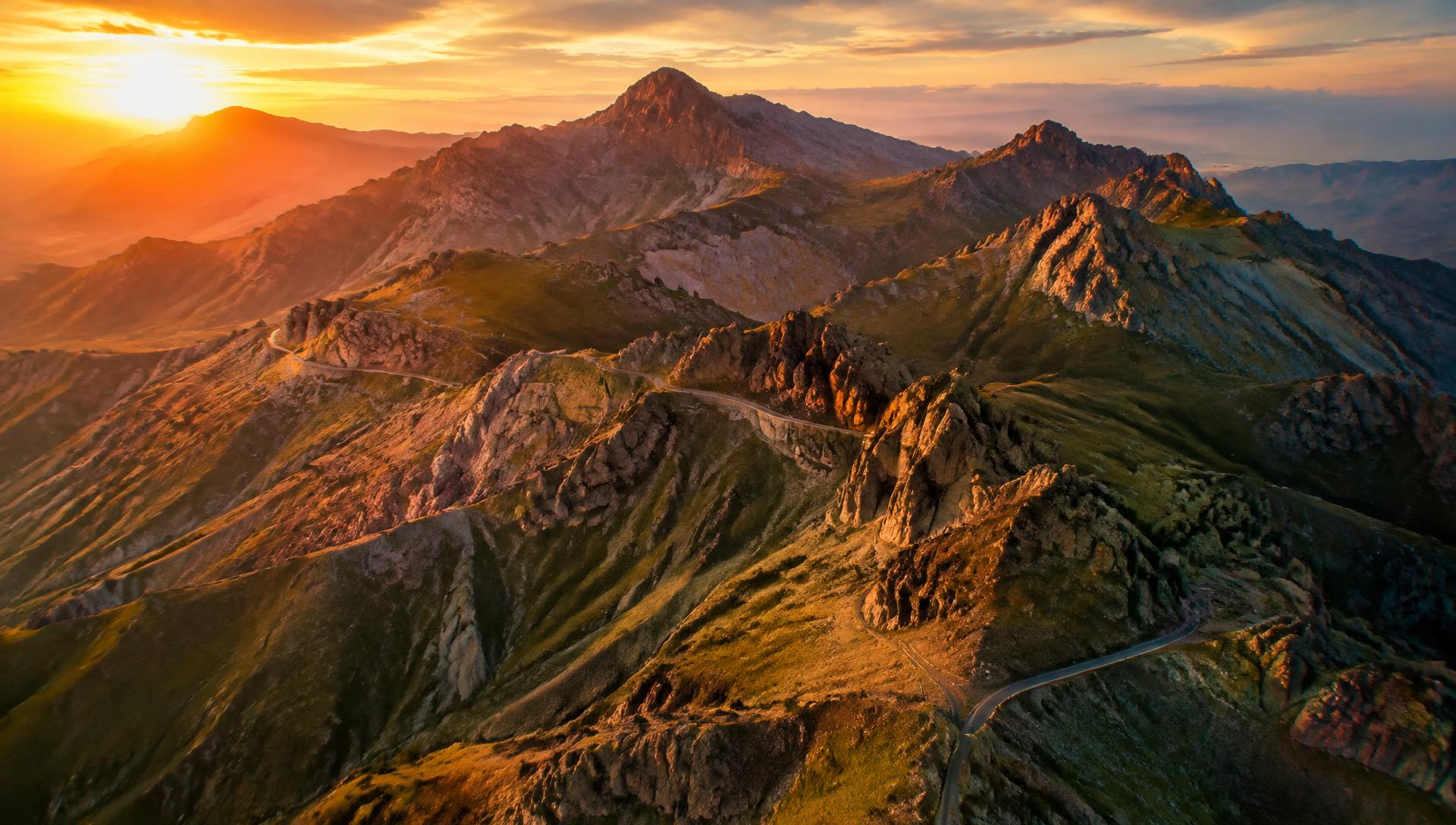 Armenian highland peaks at golden hour